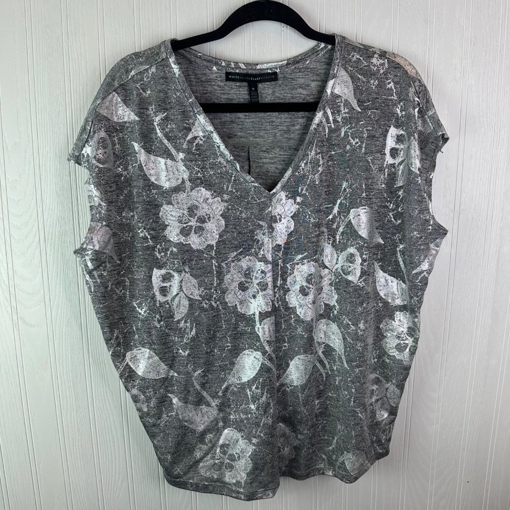White House Black Market Gray silver blouse Floral print‎ size Medium